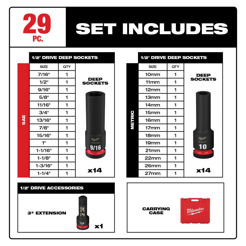 1/2in Drive SAE & Metric Deep 6 Point Socket Set 29pc 49-66-7016