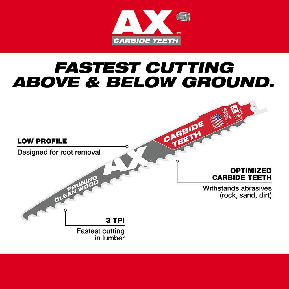 12inch 3 TPI The AX with Carbide Teeth for Pruning & Clean Wood SAWZALL Blade 1PK 48-00-5233