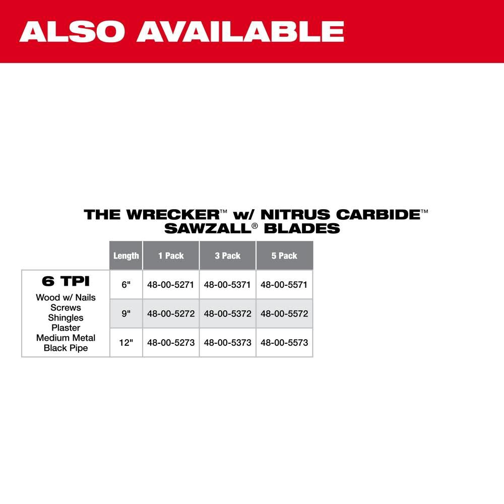 12inch 6 TPI THE WRECKER with Carbide Teeth SAWZALL Blade 5PK 48-00-5543