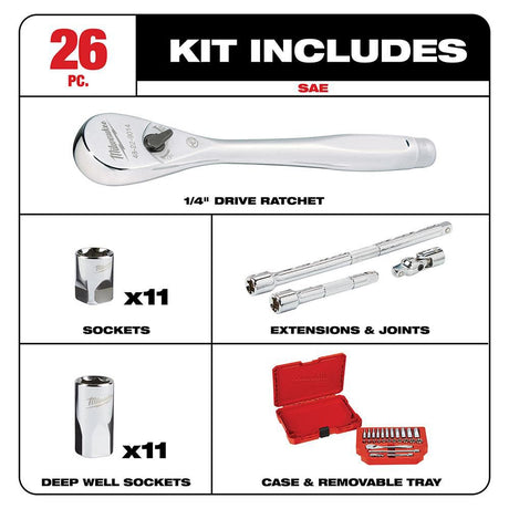 1/4 in. Drive 26 pc. Ratchet & Socket Set - SAE 48-22-9404