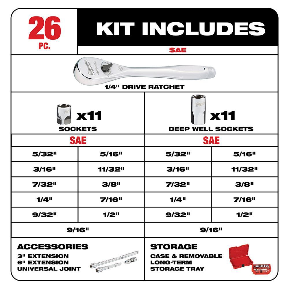 1/4 in. Drive 26 pc. Ratchet & Socket Set - SAE 48-22-9404