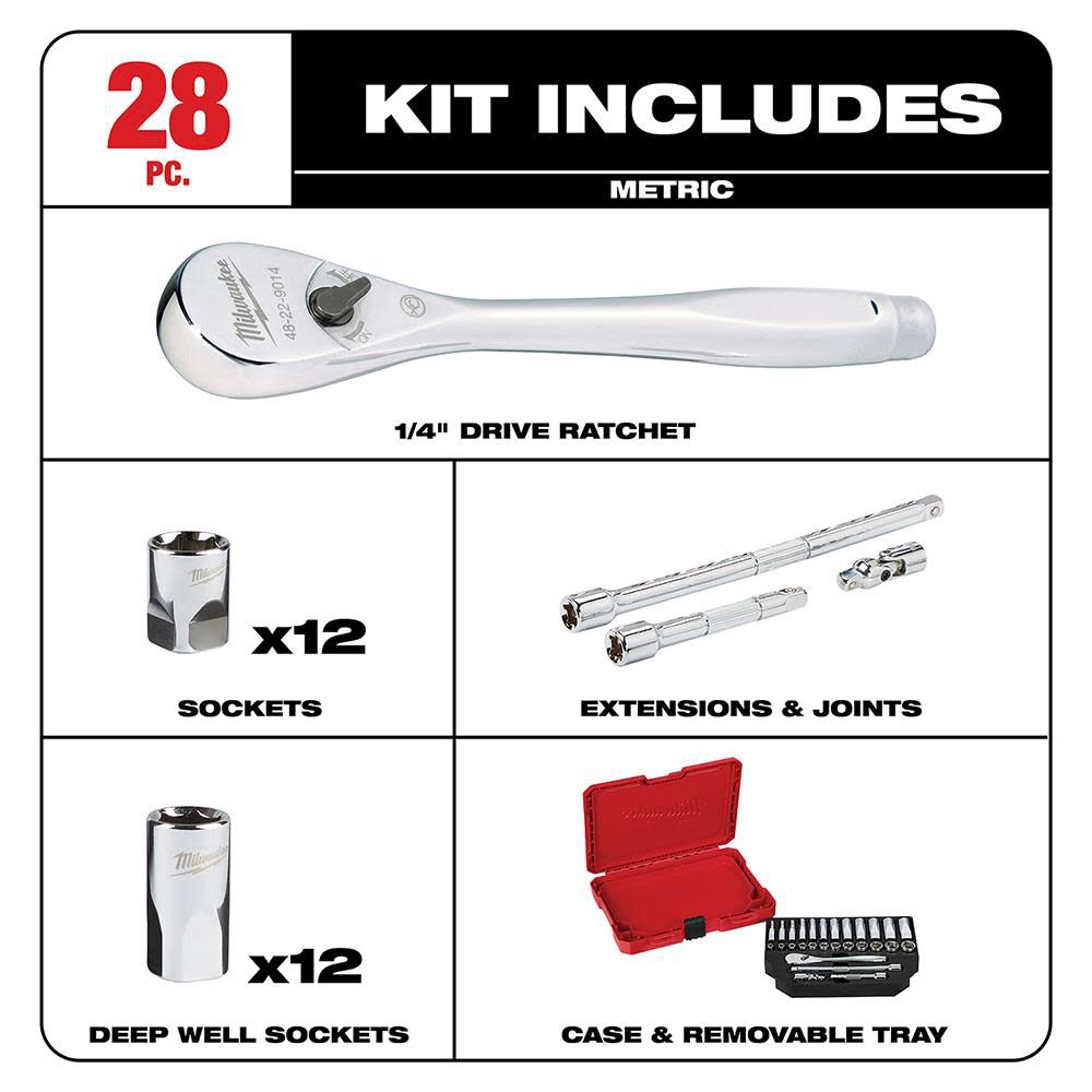 1/4 in. Drive 28 pc. Ratchet & Socket Set - Metric 48-22-9504