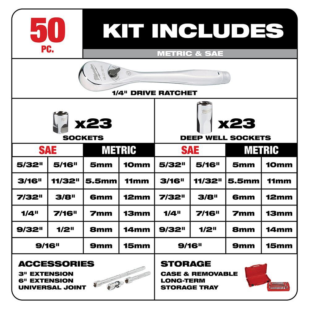 1/4 in. Drive 50 pc. Ratchet & Socket Set - SAE & Metric 48-22-9004