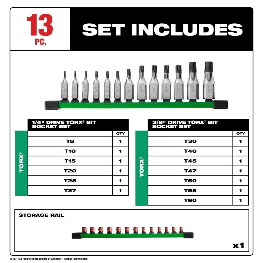 1/4 Inch and 3/8 Inch Drive TORX Bit Socket Set 11pc 48-22-9532