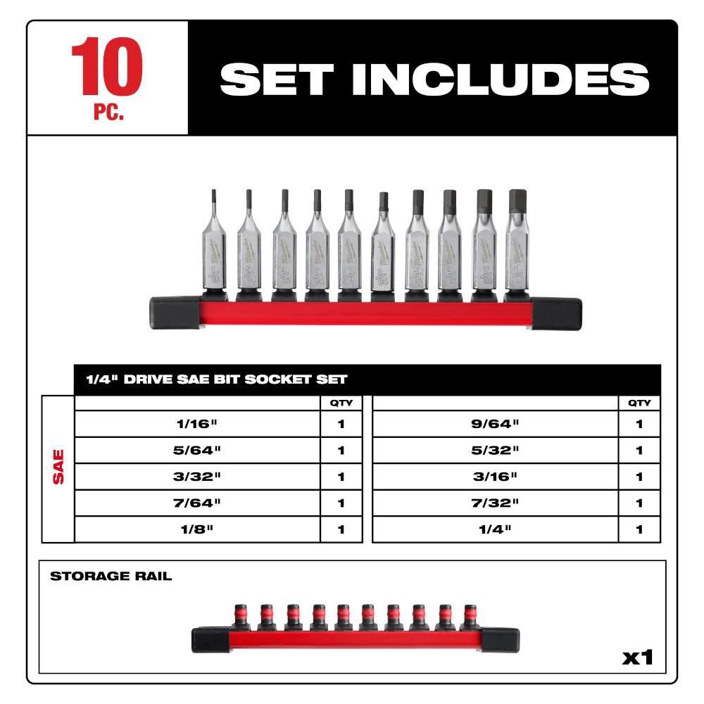 1/4 Inch Drive Hex Bit SAE Socket Set 10pc 48-22-9540