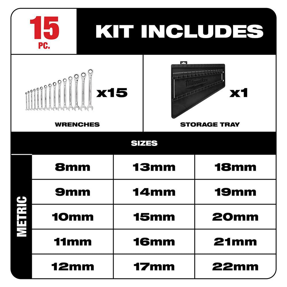 15pc Ratcheting Combination Wrench Set - Metric 48-22-9516