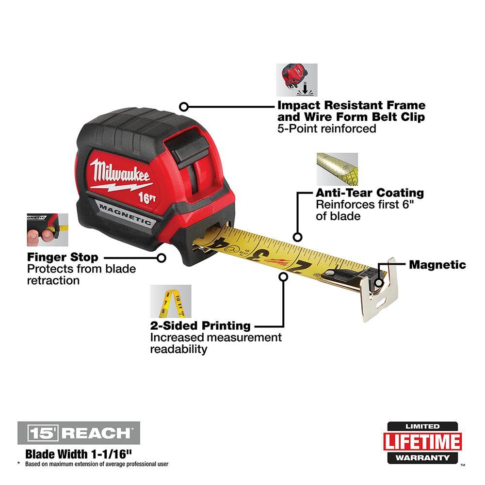 16Ft Compact Magnetic Tape Measure 48-22-0316