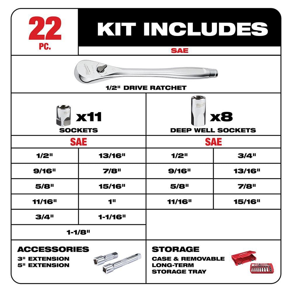 22 pc. 1/2 in. Socket Wrench Set (SAE) 48-22-9410