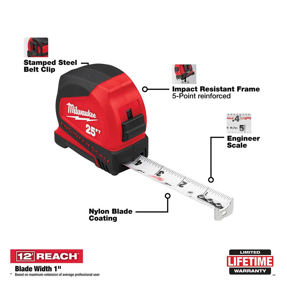 25' Compact Tape Measure with Engineer Scale 48-22-6625E