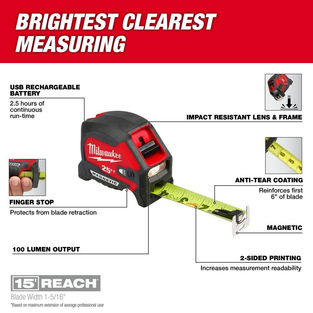 25ft Wide Blade Magnetic Tape Measure with 100L Light 48-22-0428