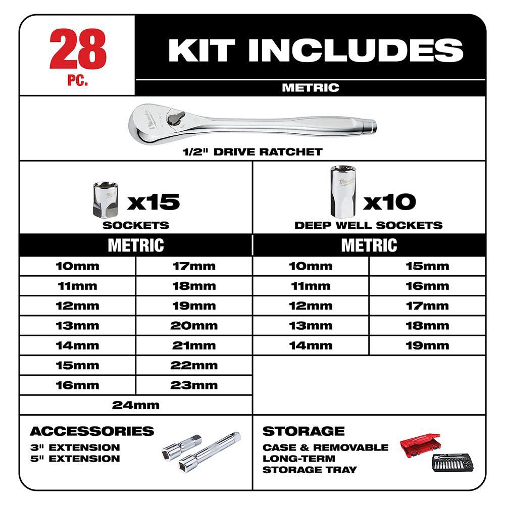 28 pc. 1/2 in. Socket Wrench Set (Metric) 48-22-9510