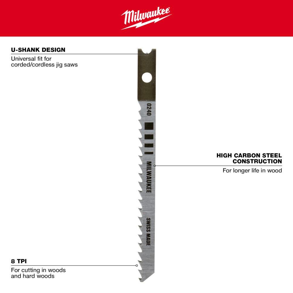 3-1/8 in. 8 TPI High Carbon Steel Jig Saw Blade 5PK 48-42-0240