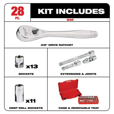 3/8 in. Drive 28 pc. Ratchet & Socket Set- SAE 48-22-9408