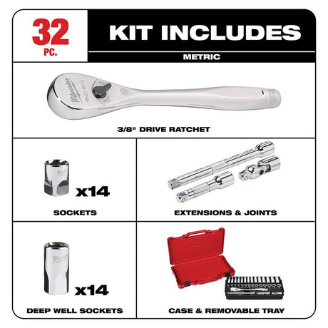 3/8 in. Drive 32 pc. Ratchet & Socket Set - Metric 48-22-9508