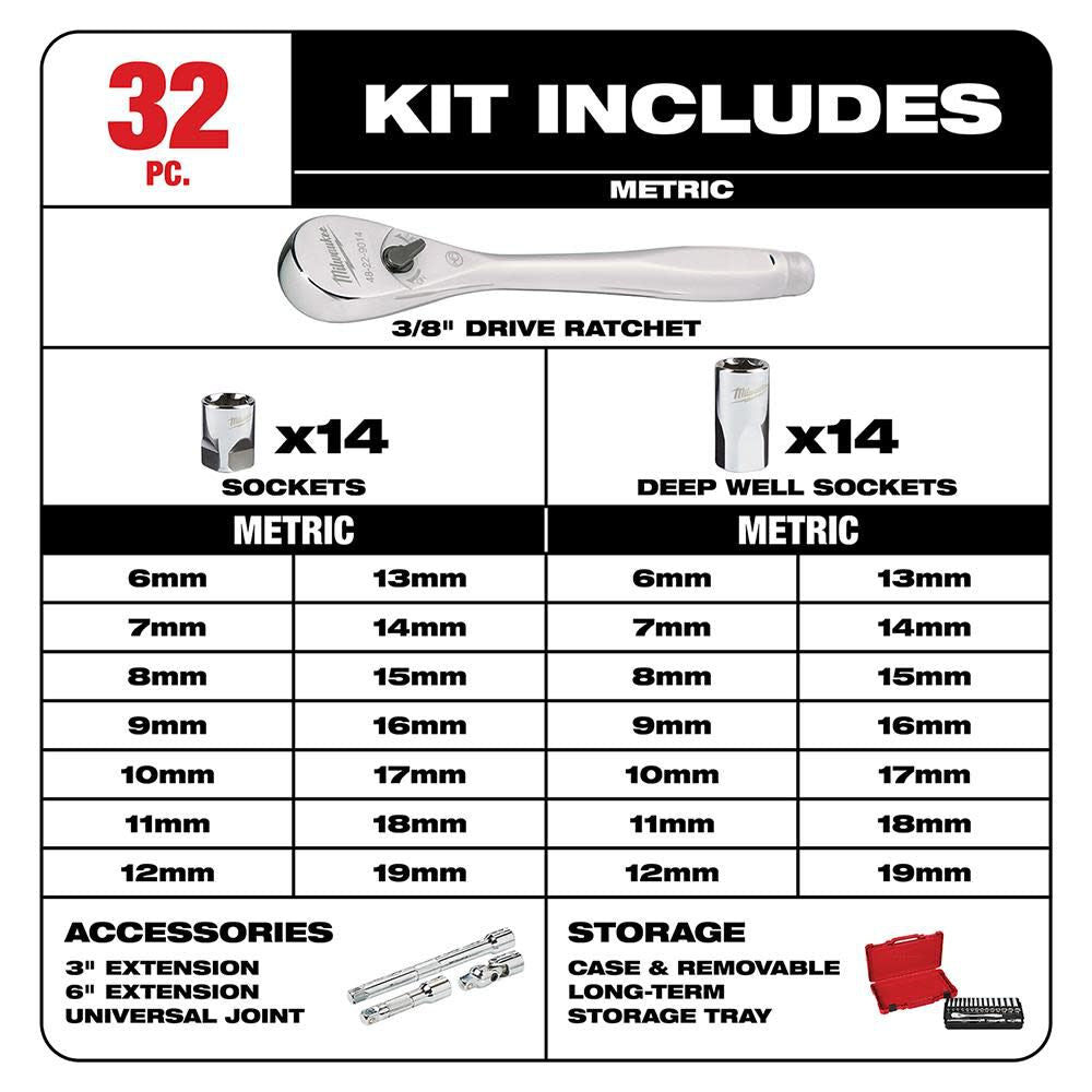 3/8 in. Drive 32 pc. Ratchet & Socket Set - Metric 48-22-9508