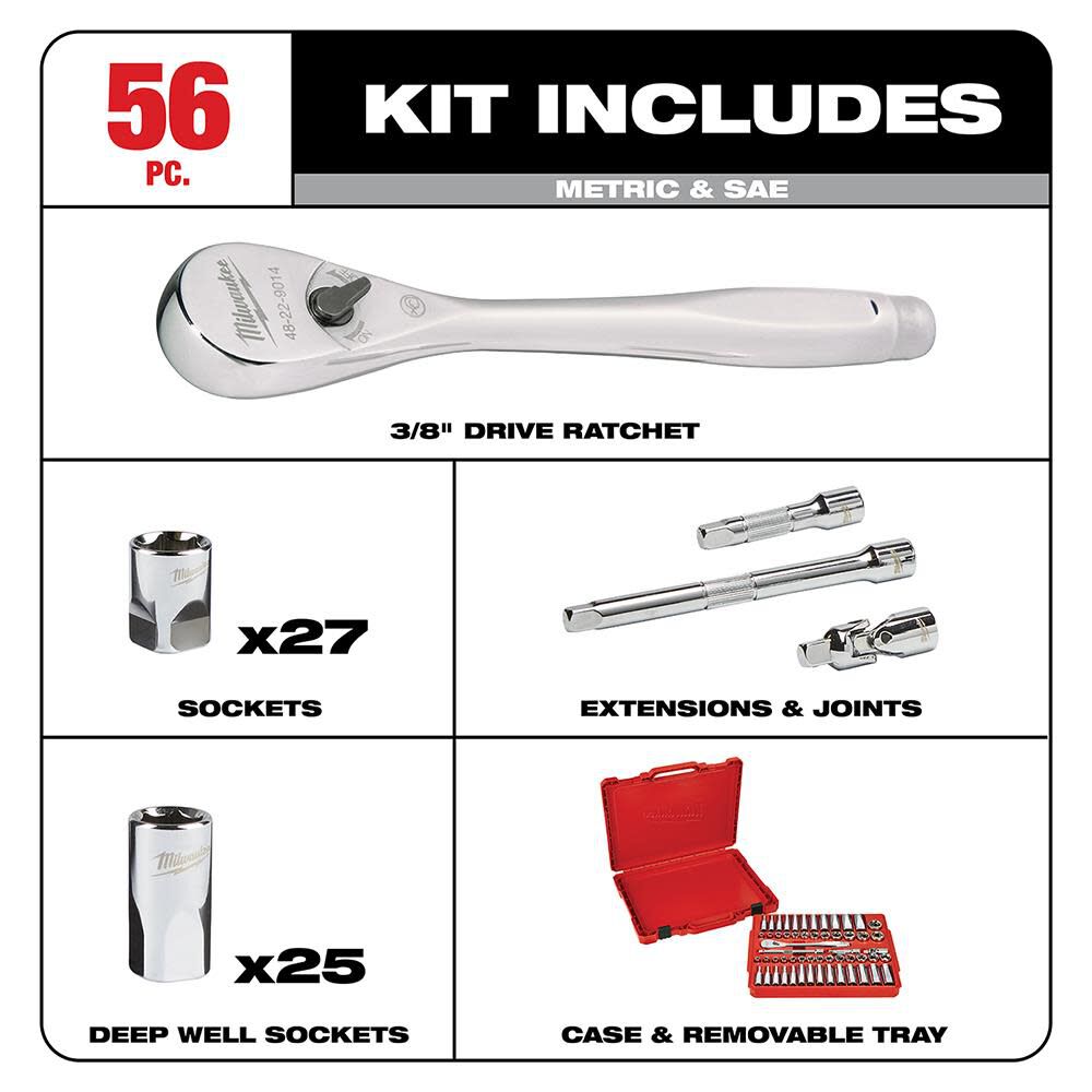 3/8 in. Drive 56 pc. Ratchet & Socket Set - SAE & Metric 48-22-9008