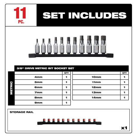 3/8 Inch Drive Hex Bit Metric Socket Set 11pc 48-22-9543