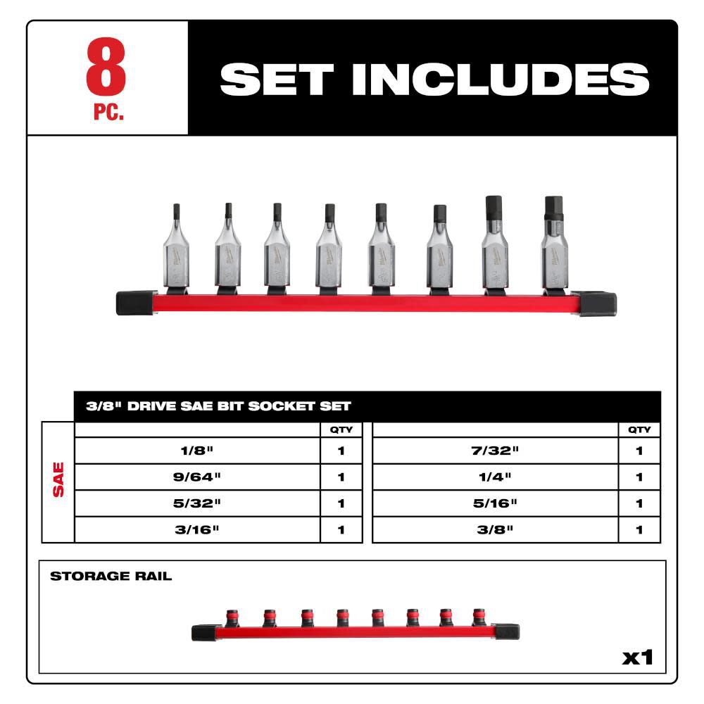 3/8 Inch Drive Hex Bit SAE Socket Set 8pc 48-22-9542