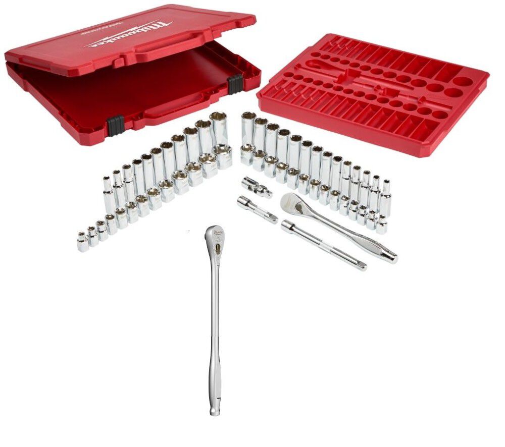 3/8inch Drive 56pc Tool Set SAE/Metric with 12inch Ratchet Bundle 48-22-9008-9037