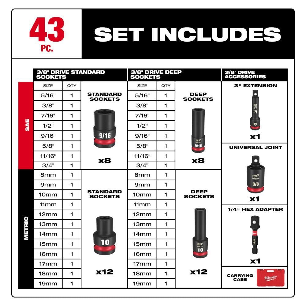 3/8inch Drive SAE & Metric Deep 6 Point 43pc 49-66-7009