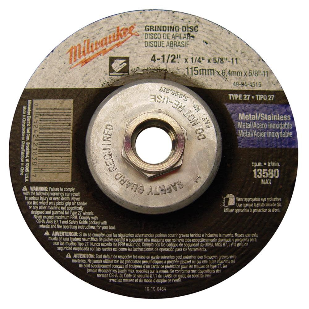 4-1/2 Inch x 1/4 Inch x 5/8-11 Inch Grinding Wheel (Type 27) 49-94-4515
