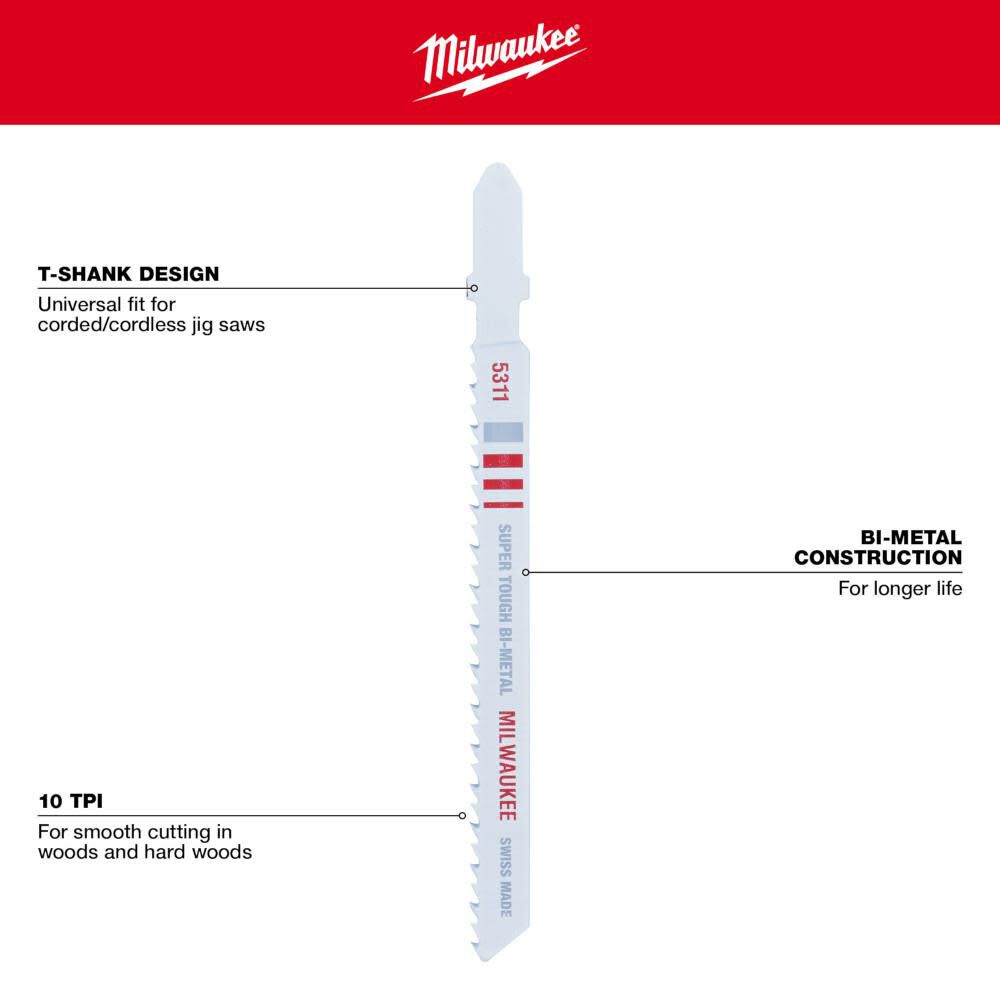4in 10TPI T-Shank Wood Bi-Metal Jigsaw Blades 5pk 48-42-5311