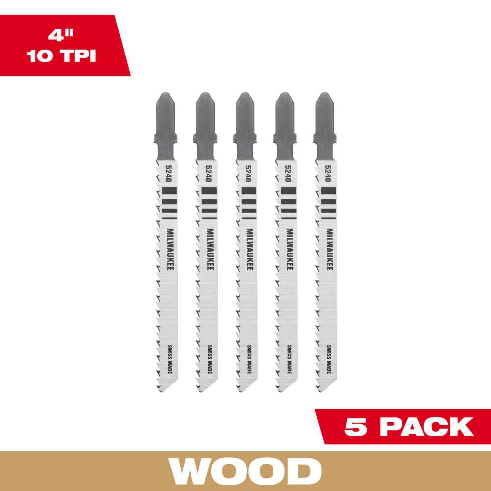 4in 10TPI T-Shank Wood High Carbon Steel Jigsaw Blades 5pk 48-42-5240