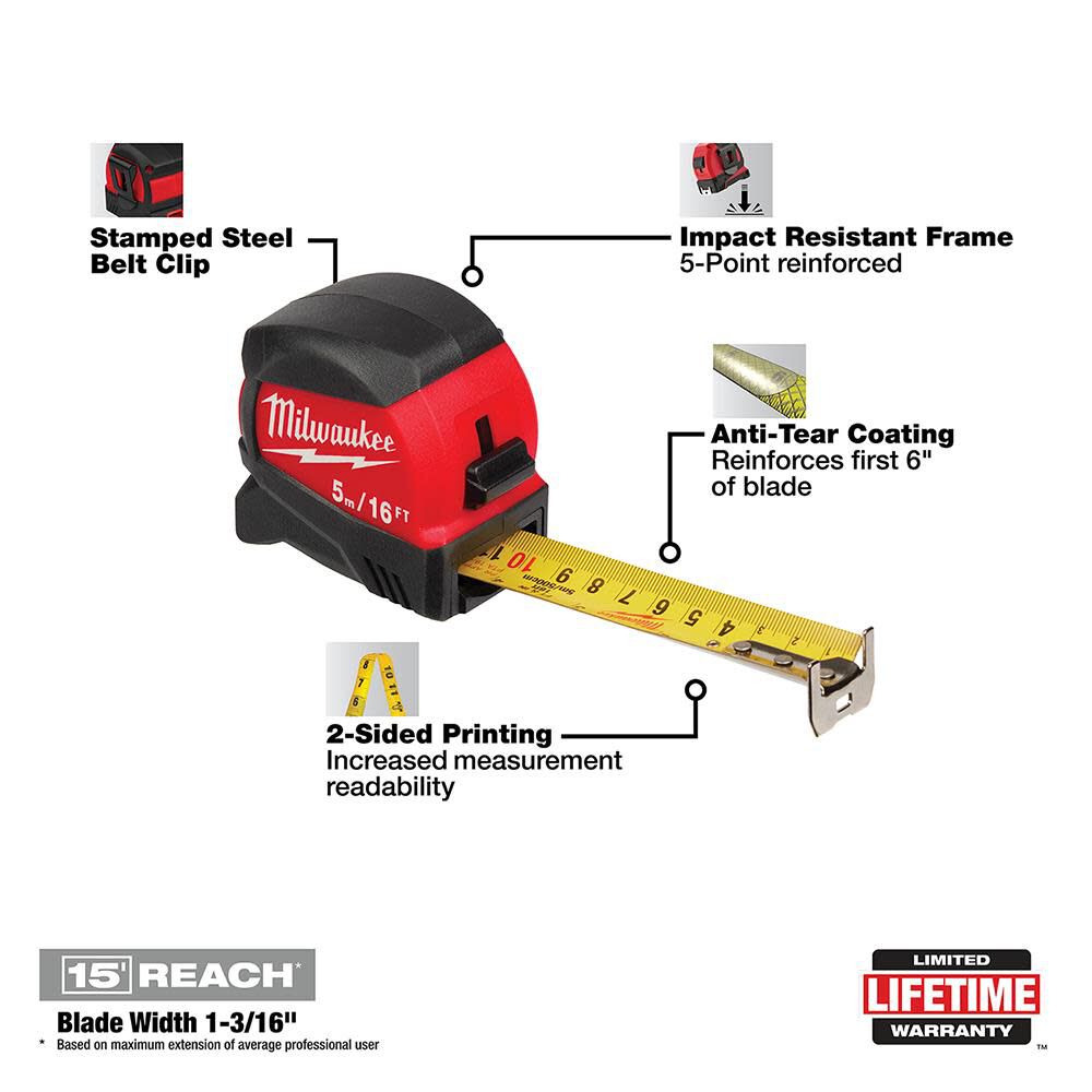 5M/16Ft Compact Wide Blade Tape Measure 48-22-0417