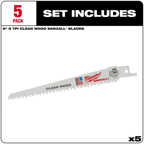 6 in. 6 TPI Fleam Ground SAWZALL Blades 5PK 48-00-5015