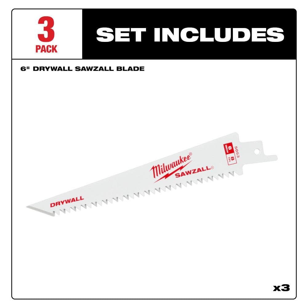 6 in 8TPI Drywall SAWZALL Blades 3 Pack 48-00-5053