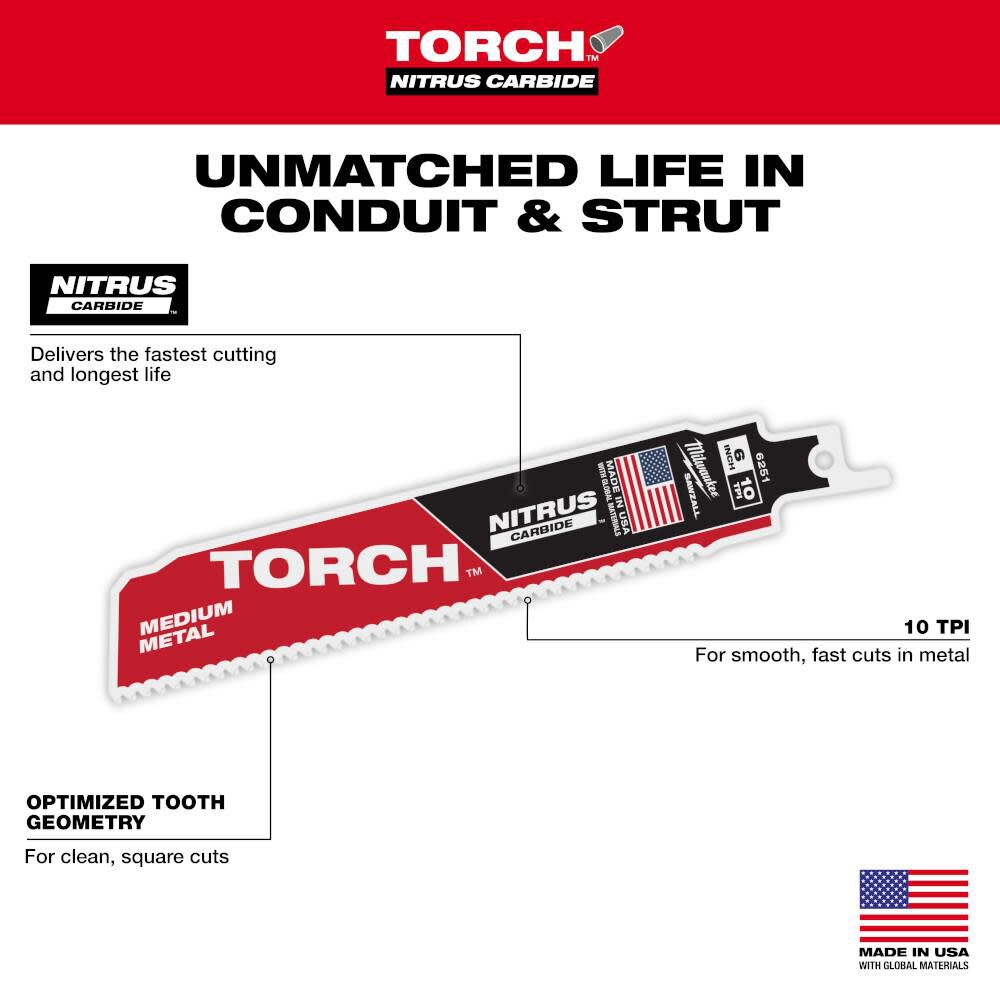 6 Inch 10TPI TORCH Nitrus Carbide Reciprocating Saw Blade 3pk 48-00-6351