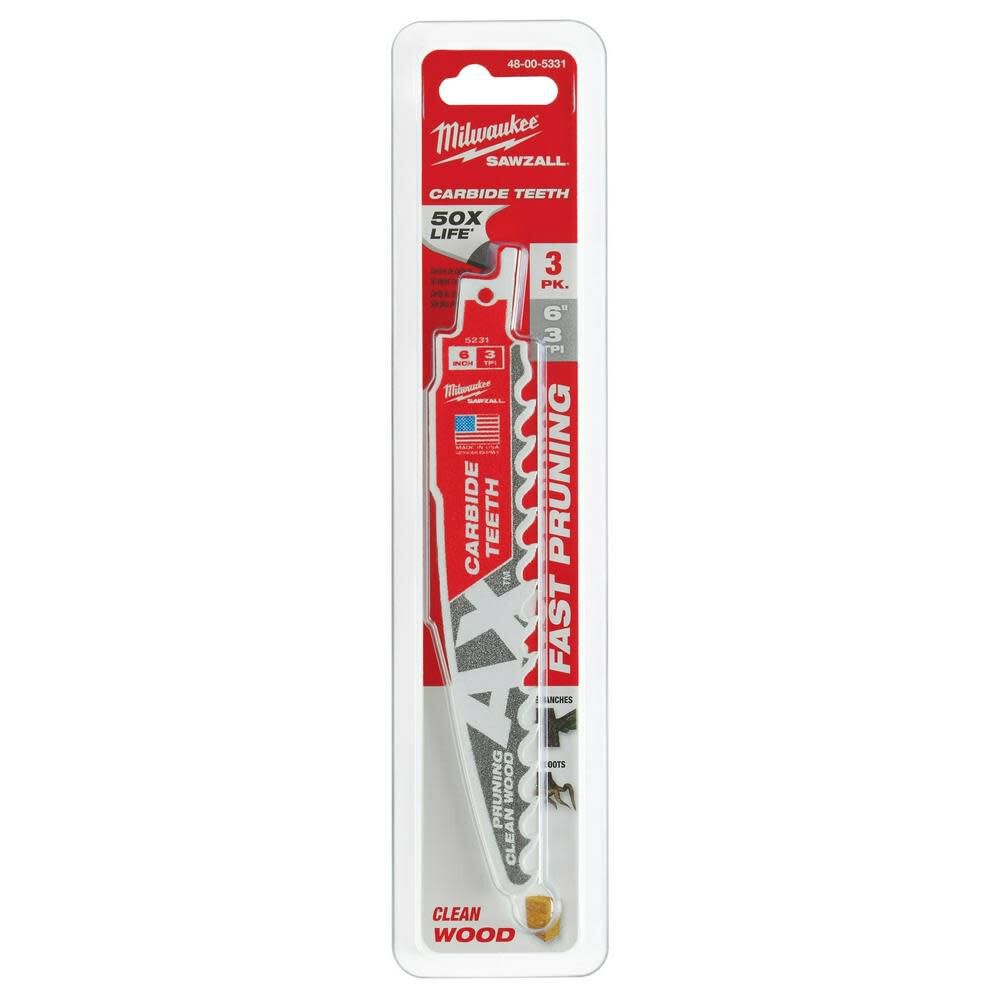 6inch 3 TPI The AX with Carbide Teeth for Pruning & Clean Wood SAWZALL Blade 3PK 48-00-5331