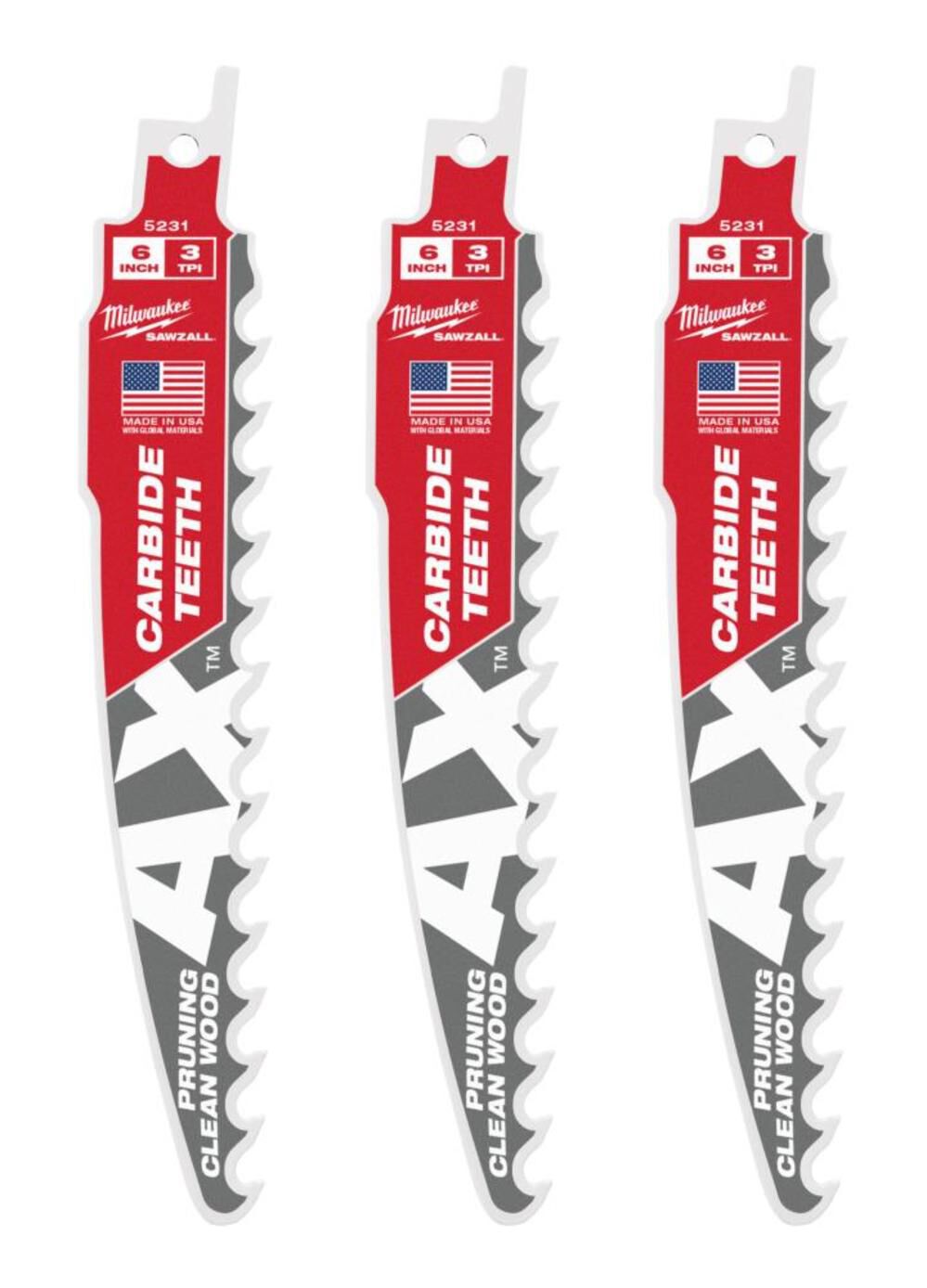 6inch 3 TPI The AX with Carbide Teeth for Pruning & Clean Wood SAWZALL Blade 3PK 48-00-5331