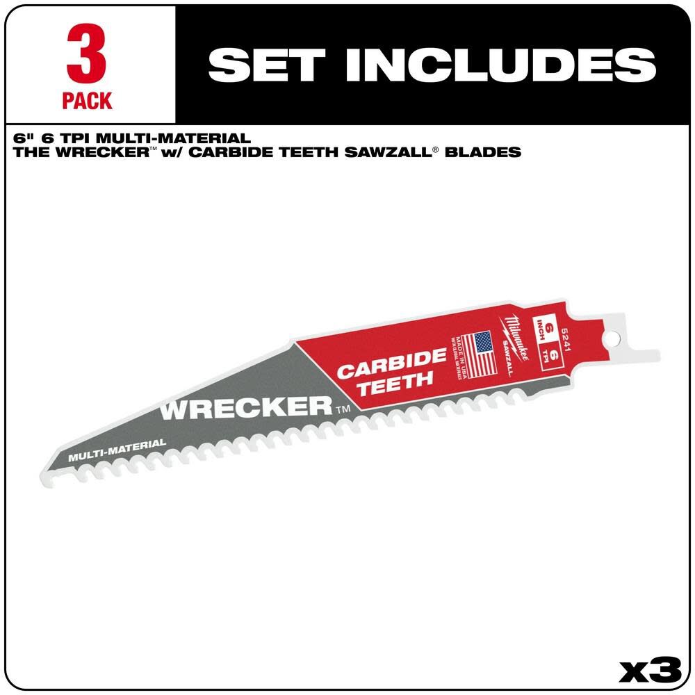 6inch 6 TPI THE WRECKER with Carbide Teeth SAWZALL Blade 3PK 48-00-5341