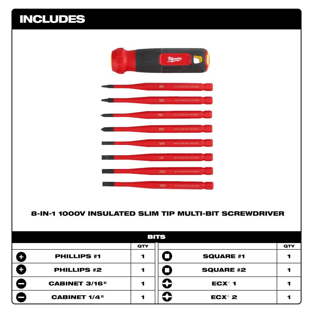 8-in-1 1000V Insulated Slim Tip Multi-Bit Screwdriver 48-22-2218