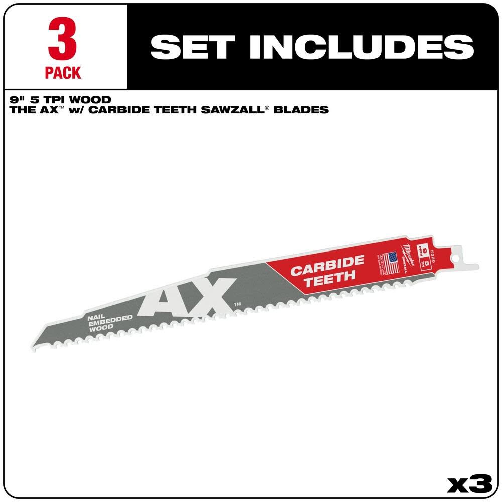 9 in. 5 TPI The Ax Carbide Teeth SAWZALL Blades 3PK 48-00-5326