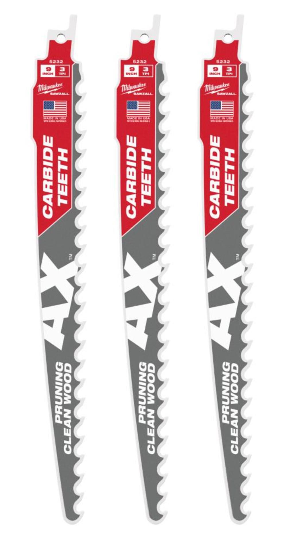 9inch 3 TPI The AX with Carbide Teeth for Pruning & Clean Wood SAWZALL Blade 3PK 48-00-5332