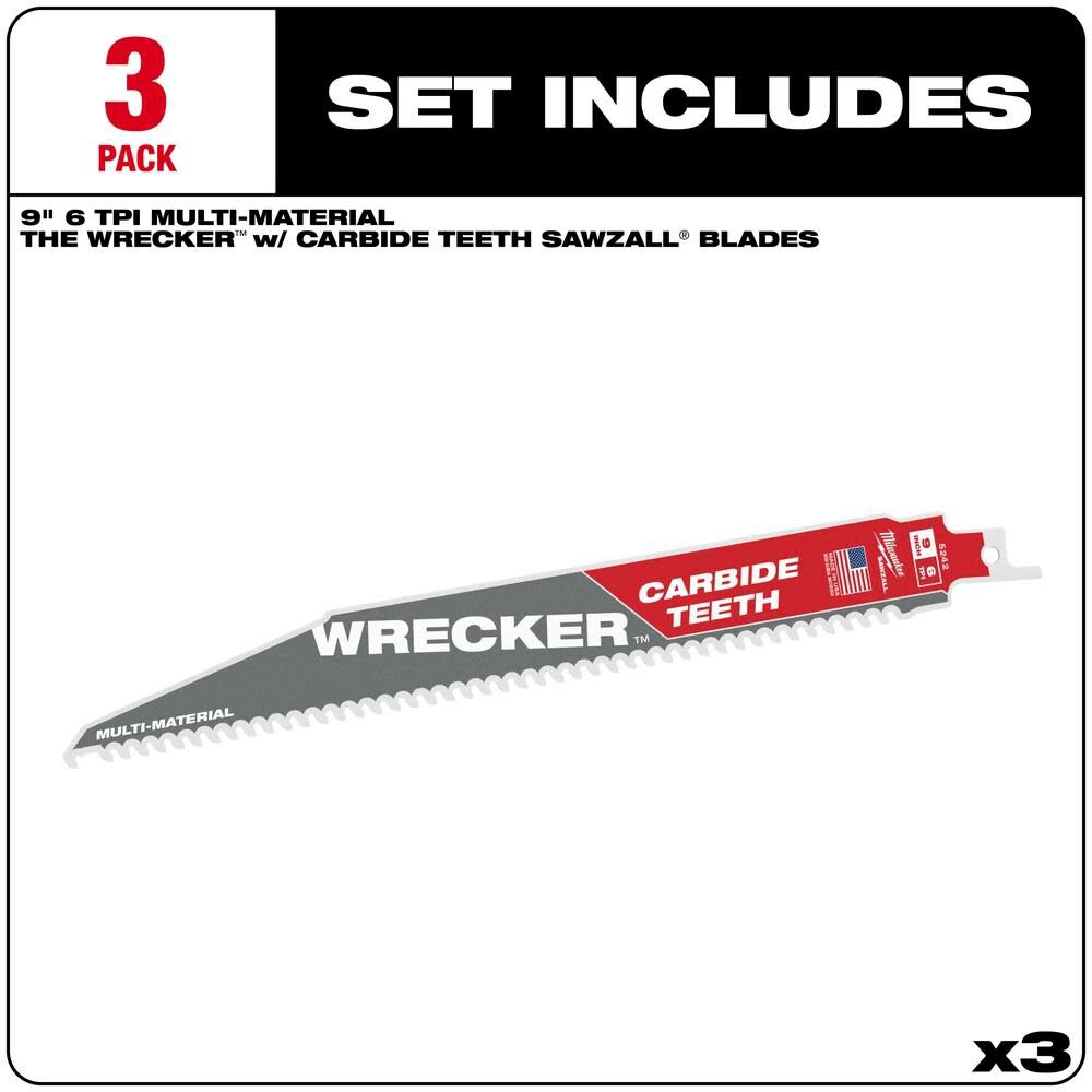 9inch 6 TPI THE WRECKER with Carbide Teeth SAWZALL Blade 3PK 48-00-5342