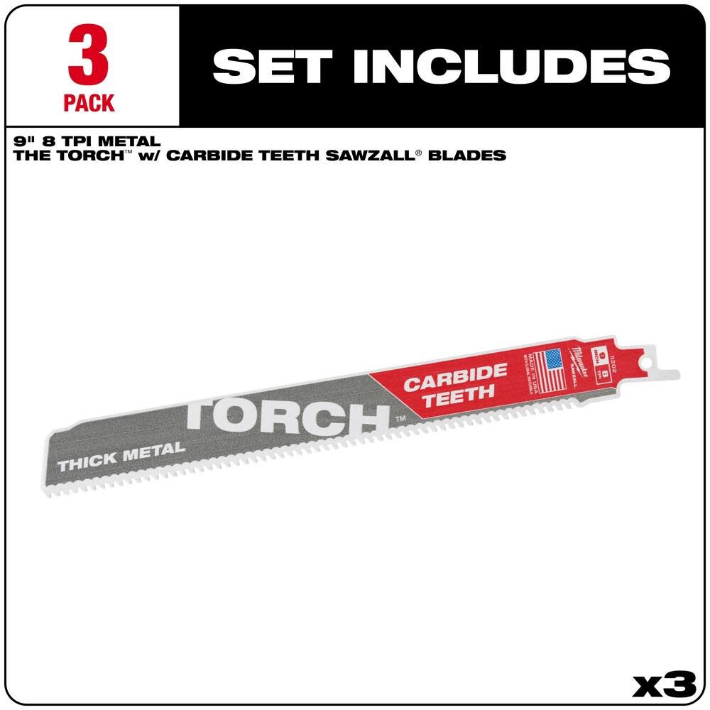 9inch 8TPI The TORCH with Carbide Teeth SAWZALL Blade 3PK 48-00-5302