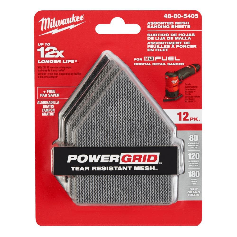 Assorted 80 120 & 180 Grit Mesh Sanding Sheets for M12 Orbital Detail Sander 12pk 48-80-5405