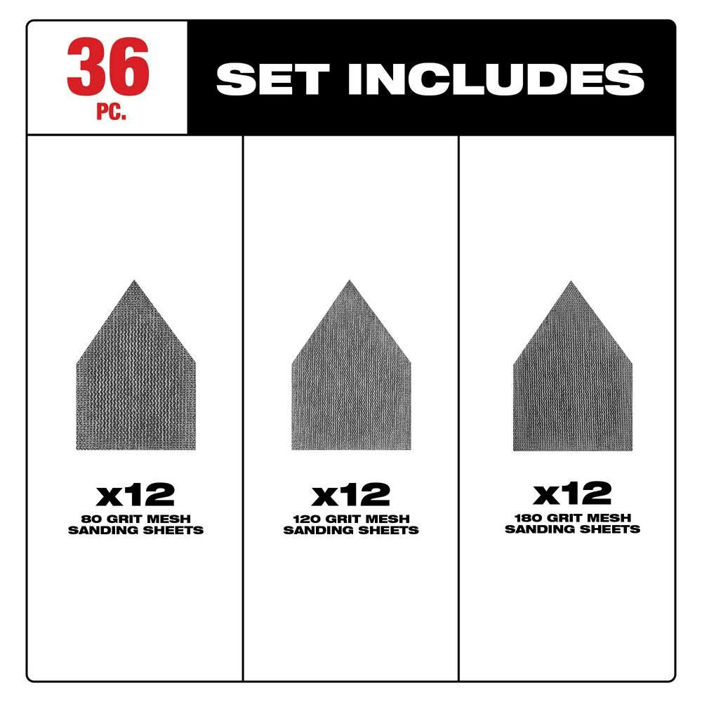 Assorted 80 120 & 180 Grit Mesh Sanding Sheets for M12 Orbital Detail Sander 36pk 48-80-5406