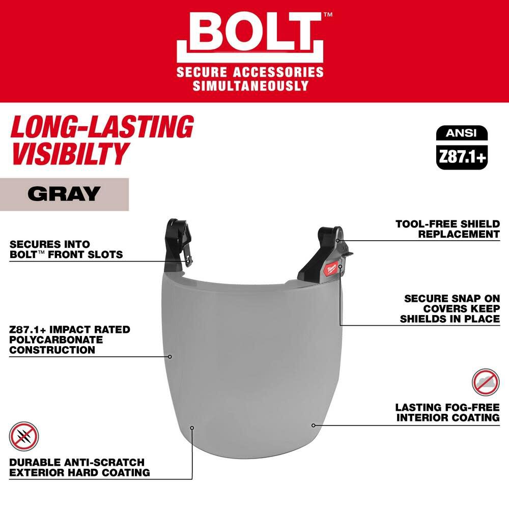 BOLT Full Face Shield Gray Dual Coat Lens Compatible with Safety Helmet No Brim 48-73-1426