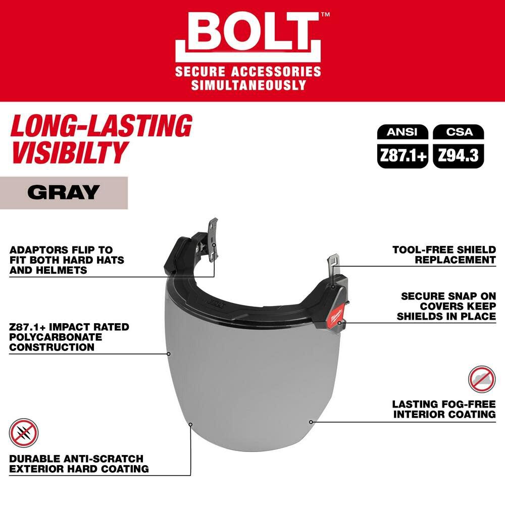 BOLT Full Face Shield Gray Dual Coat Lens Compatible with Safety Helmets & Hard Hats 48-73-1425