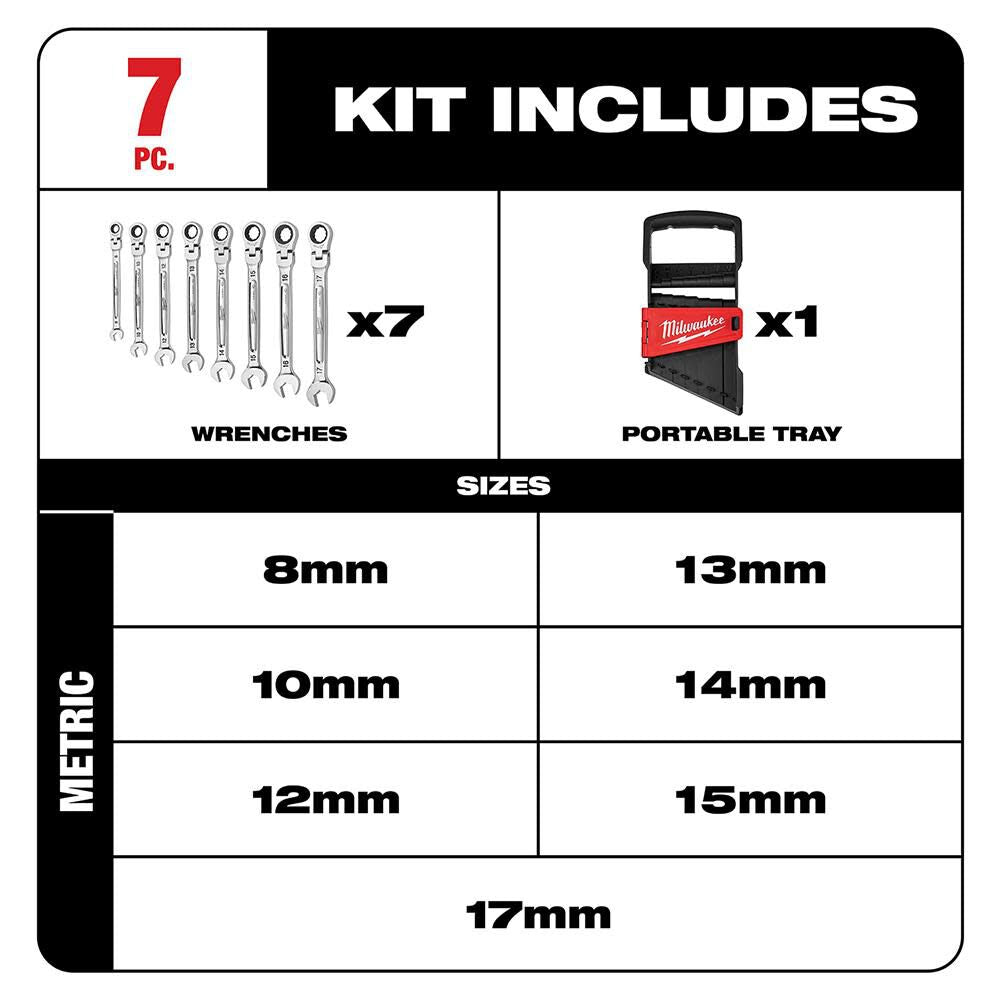 Combination Wrench Metric Flex Head Ratcheting Set 7pc 48-22-9529