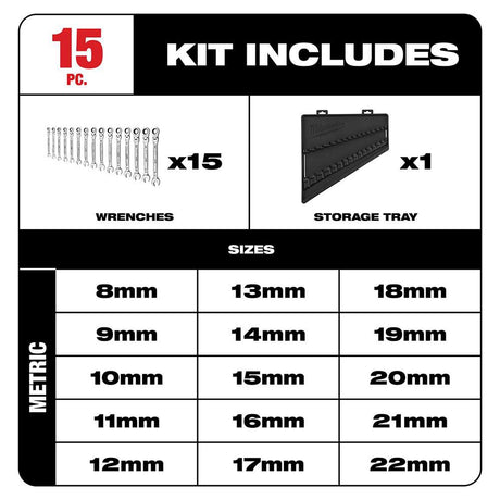 Combination Wrench Set Metric Flex Head Ratcheting 15pc 48-22-9513