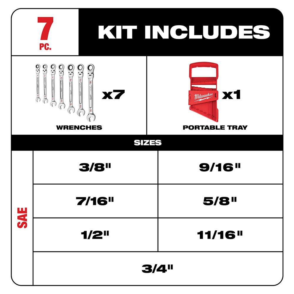 Combination Wrench Set SAE Flex Head Ratcheting 7pc 48-22-9429