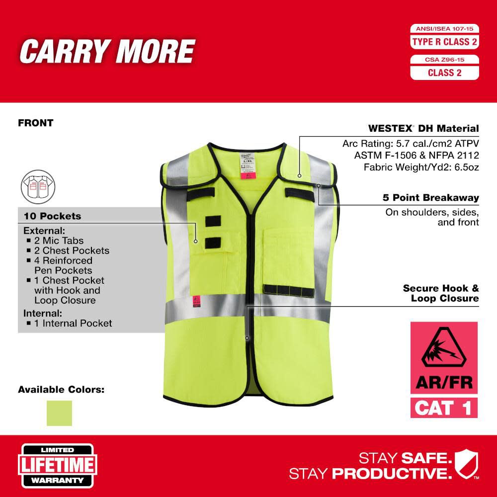 High Vis Safety Vest Cdlass 2 Breakaway AR/FR Cat 2 48-73-5311M910