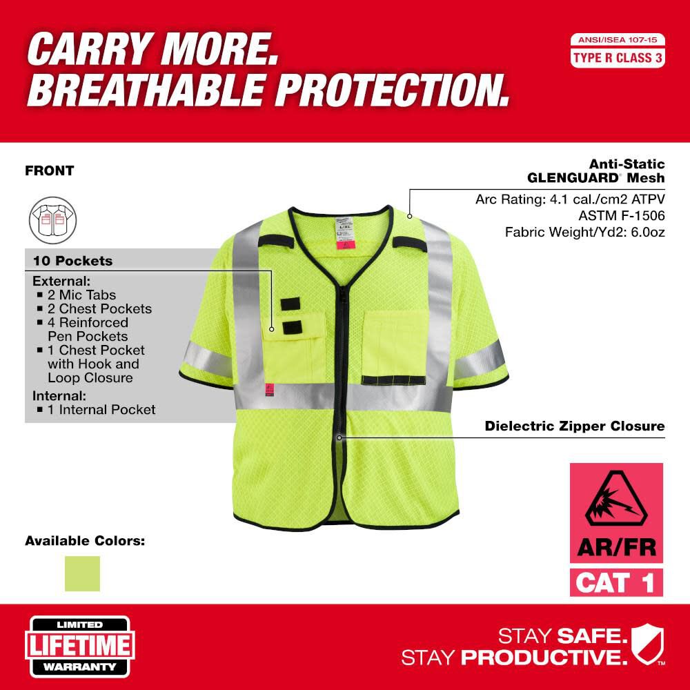 High Vis Safety Vest Yellow Class 3 Mesh AR/FR Cat 1 S/M 48-73-5221M910