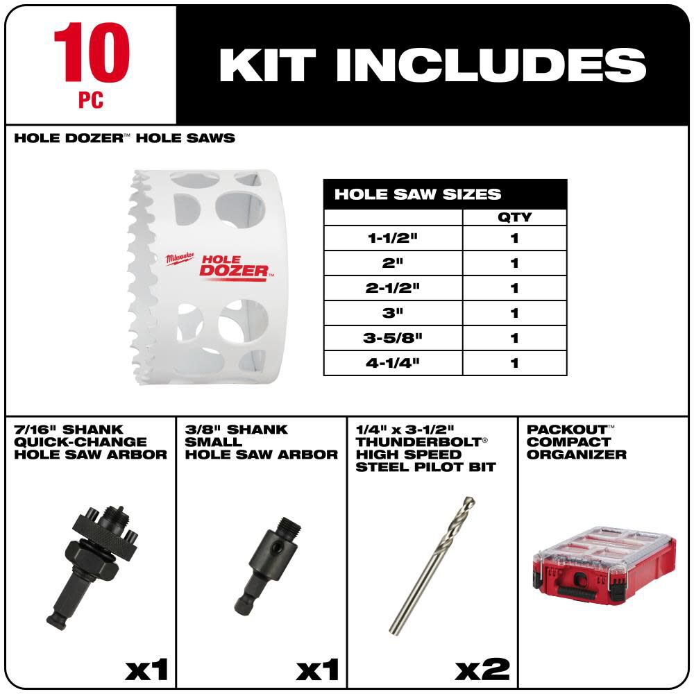 HOLE DOZER Bi-Metal Hole Saw Kit with PACKOUT Compact Organizer - 10PC 49-22-5606