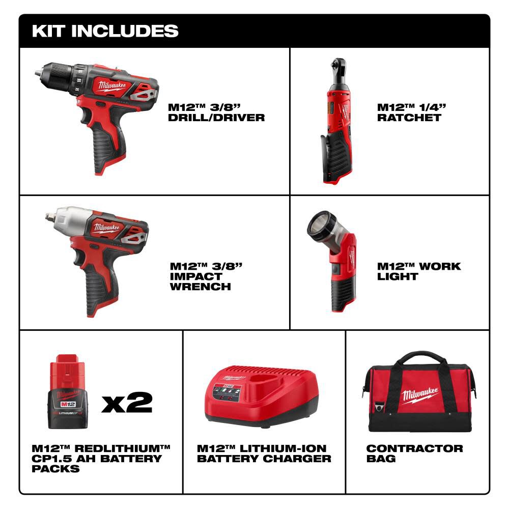 M12 Cordless Lithium-Ion 4 Tool Combo Kit 2493-24